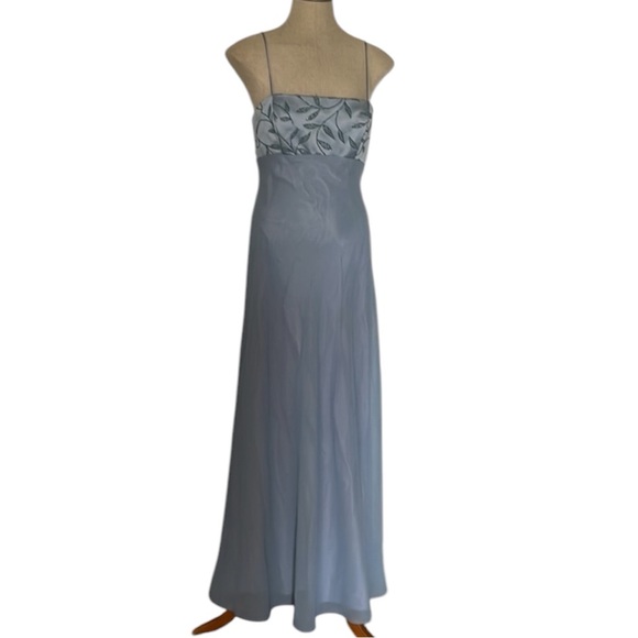 Bari Jay gown maxi dress embellished beaded spaghetti straps ties blue size 7 8
